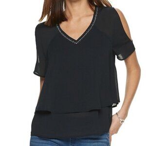 JUICY COUTURE WOMEN'S BLACK RHINESTONE DOUBLE LAYER SLIT SLEEVE SIZE SMALL TOP